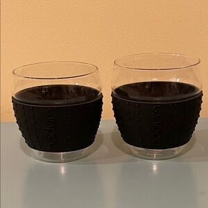 Pair of 12 oz BODUM Pavina Glass Cups with Black Silicone Sleeve Grips